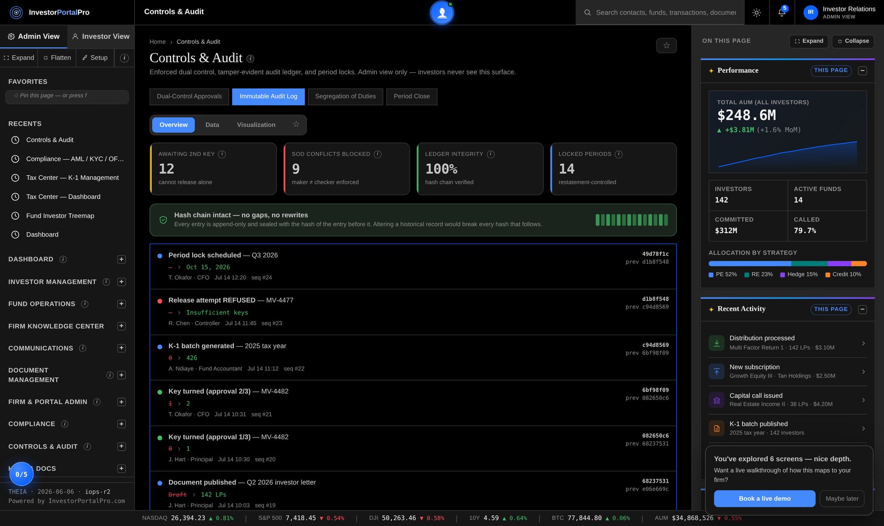 Immutable audit log screen with hash-chained ledger entries, ledger integrity percentage and locked reporting periods