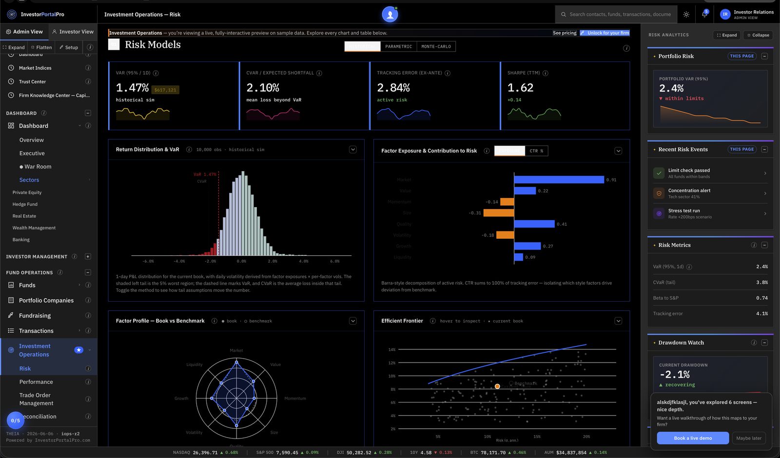 THEIA risk models showing VaR, CVaR, and factor exposure analytics